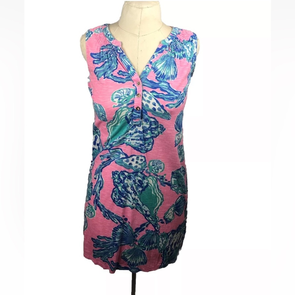 Lilly Pulitzer Essie Dress Pink Pout Barefoot Princess Shells Cotton Size XS EUC